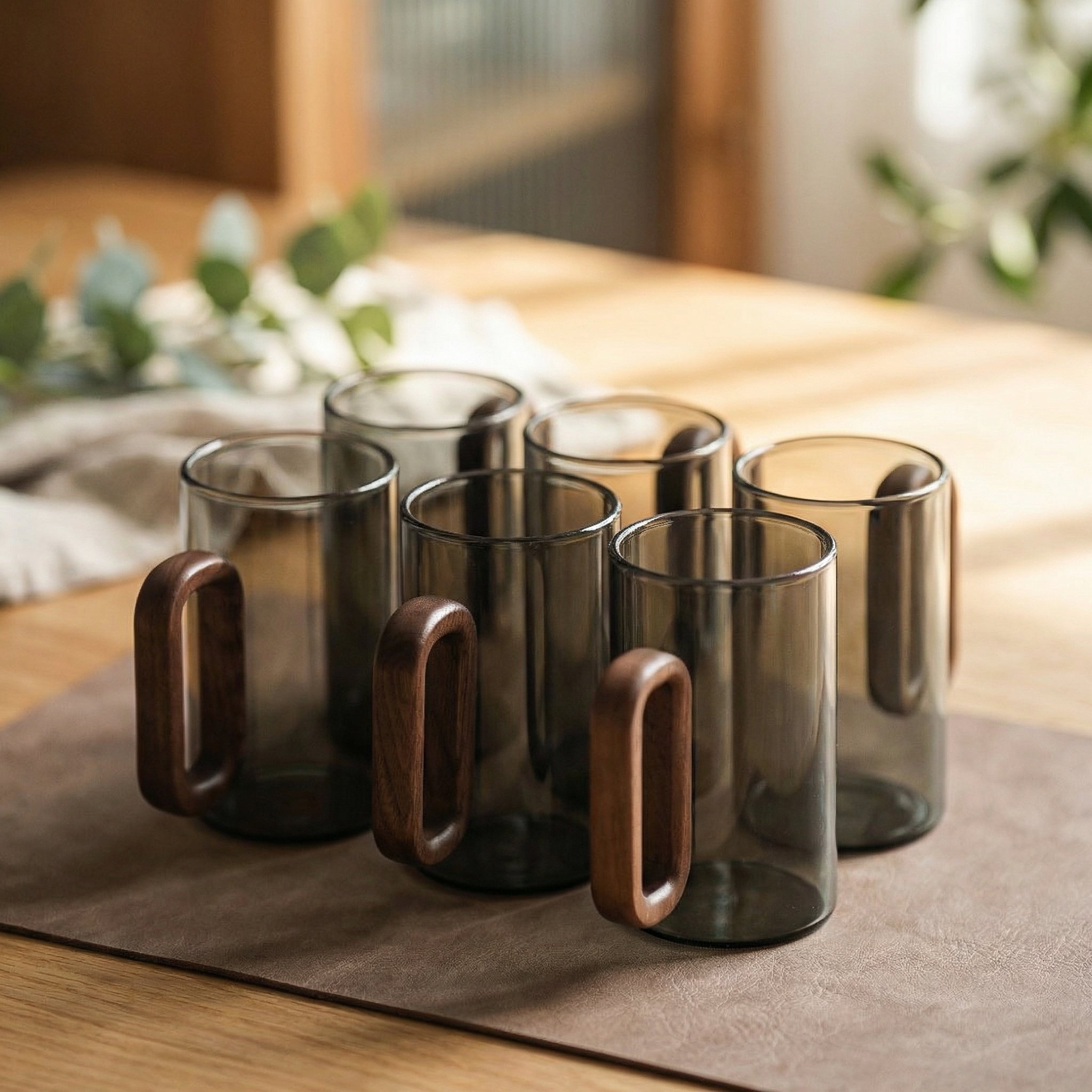 Smoky Gray Borosilicate Glass Mug with Wooden-Style Handle