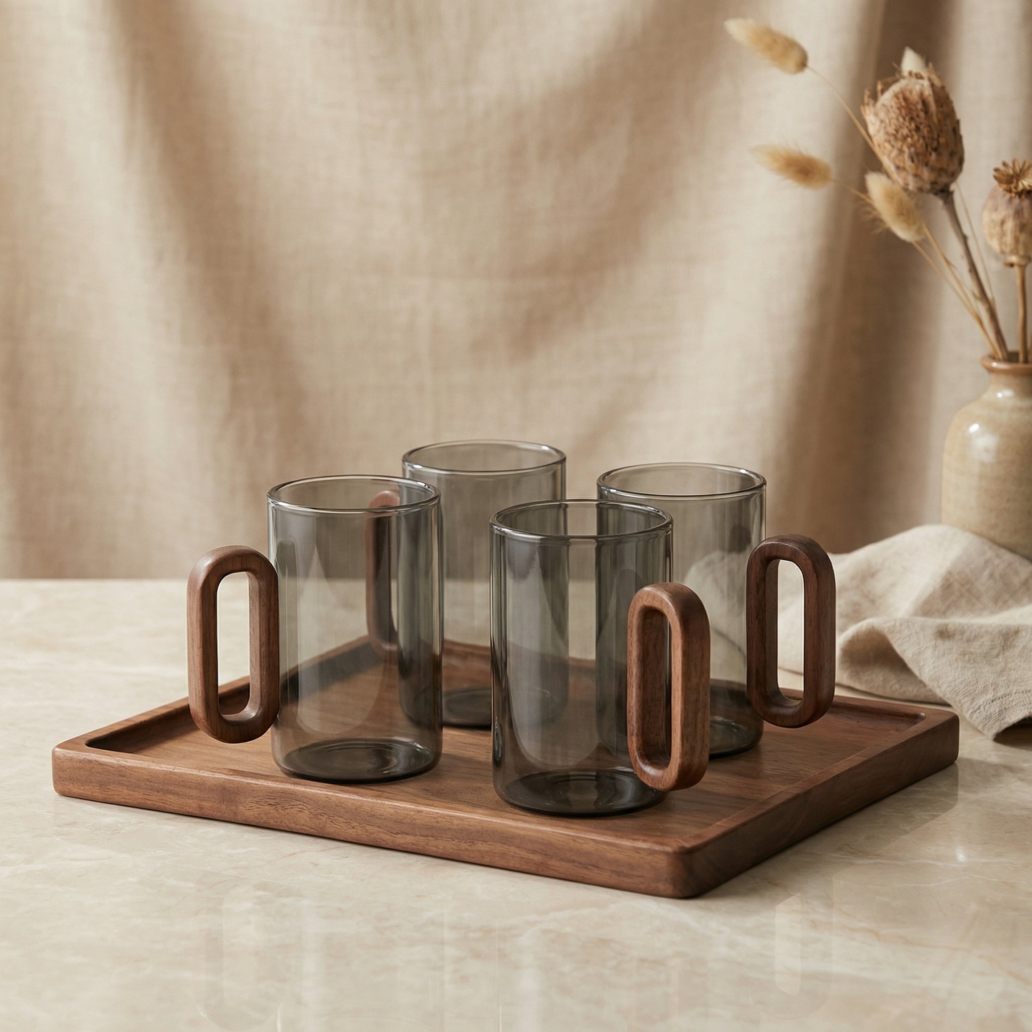 Smoky Gray Borosilicate Glass Mug with Wooden-Style Handle