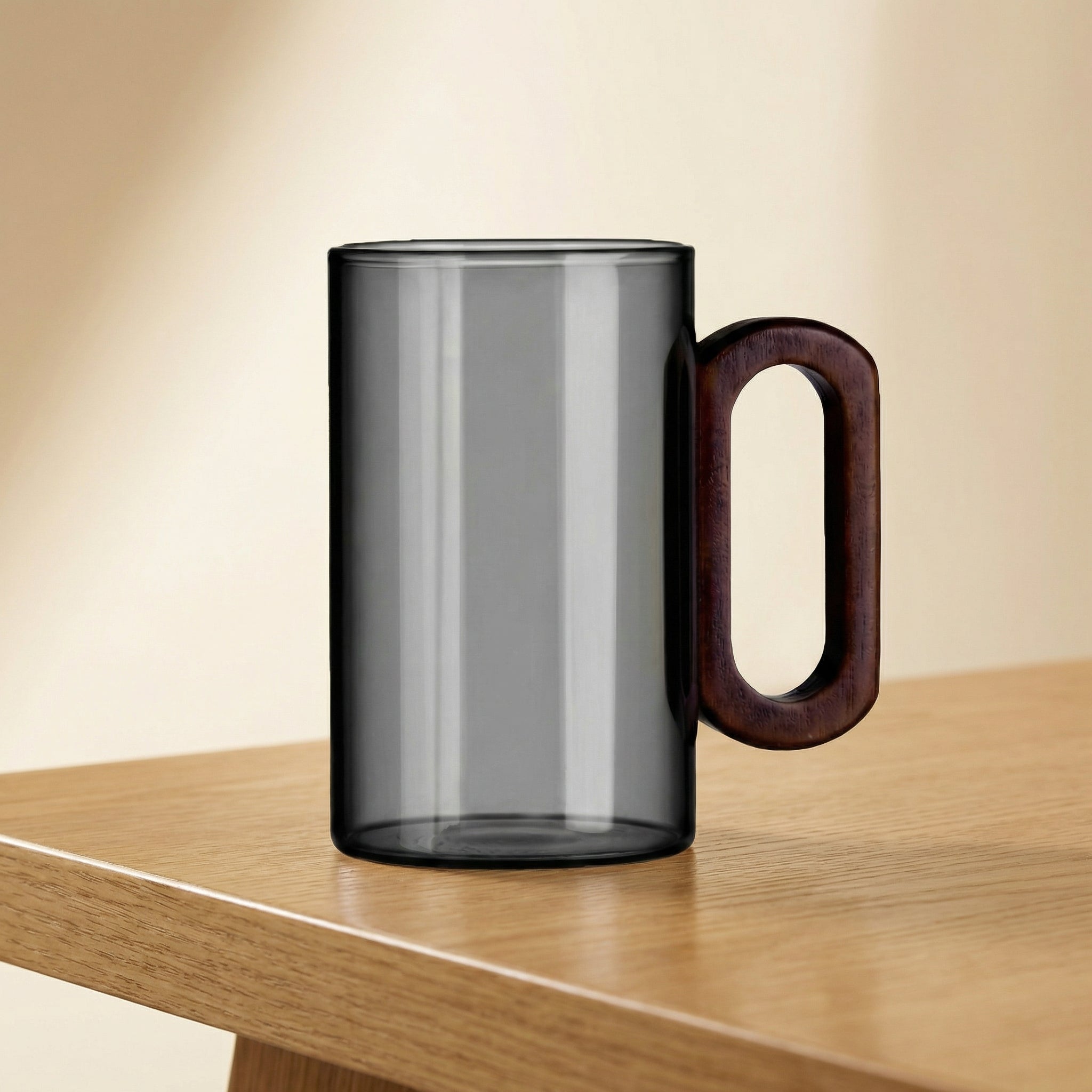 Smoky Gray Borosilicate Glass Mug with Wooden-Style Handle