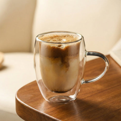 Double Wall Insulated Glass Coffee Mug with Handle